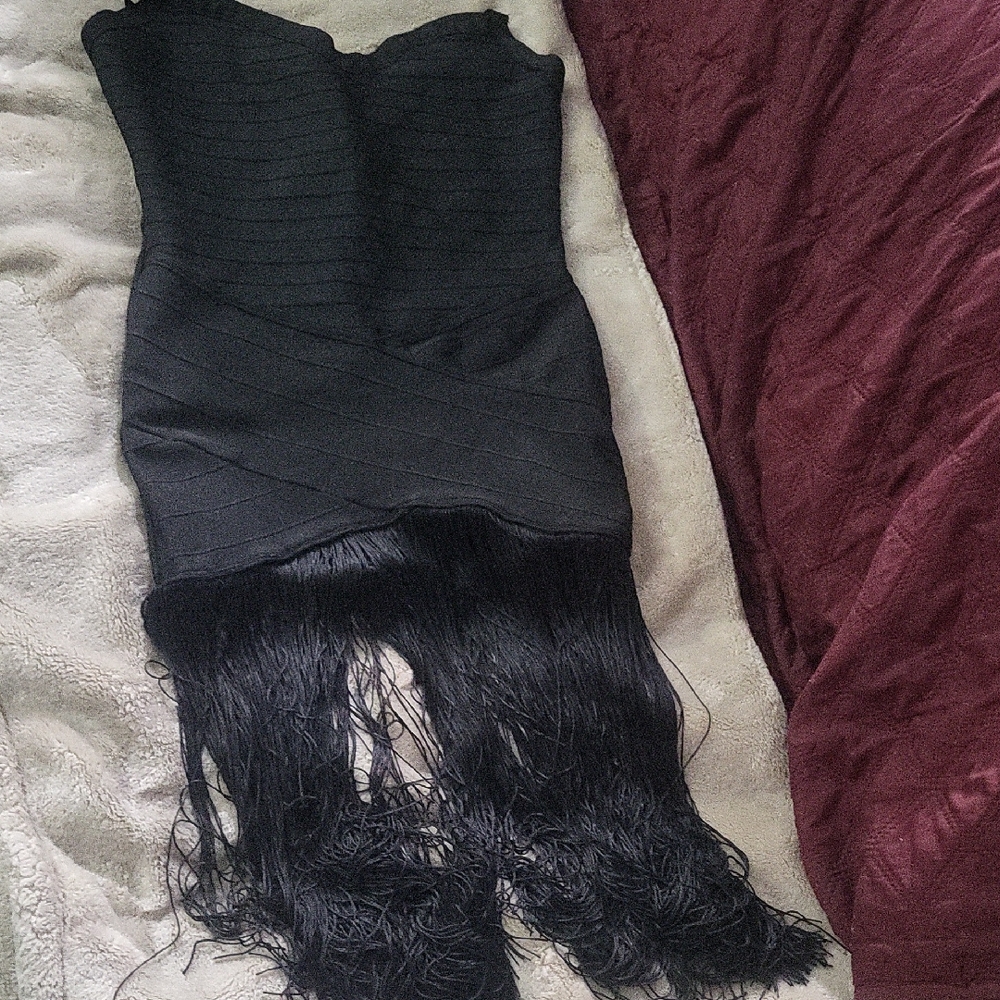 Elegant Black Strapless Fringe Maxi Dress